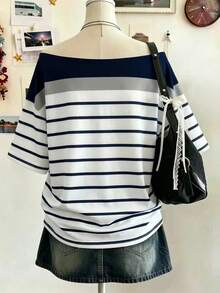 Lalippa Women's Asymmetric Neck Striped Color Block T-Shirt - Black - View 2