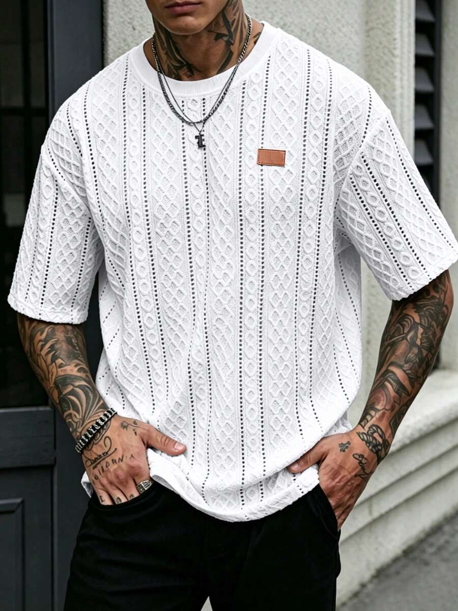 Manfinity CasualCool 男士度假風紋理鏤空短袖圓領T恤 - 白色 - 查看 1