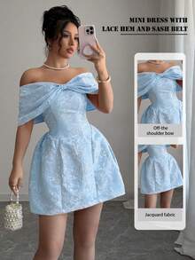Vestido floral de estilo francés con un solo hombro y lazo en la cintura para mujer, de longitud media, estilo dulce, jacquard rosa, que estiliza y realza la figura. - Azul 2 - Ver 7