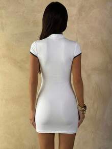 Aloruh Vestido mini blanco con diseño calado y decoración de botones, estilo elegante chino - Blanco - Ver 2