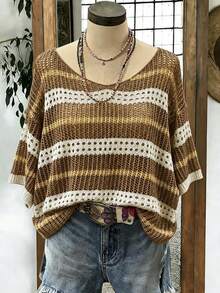 EMERY ROSE Plus-Size Round-Neck Knit Top With Contrast Stripes, Cutout & Crochet Details. Loose Fit, Versatile Fall - Brown - View 4