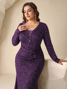 Coutiva Premium Plus Size Beaded Fitted Evening Dress - Dark Purple - View 5