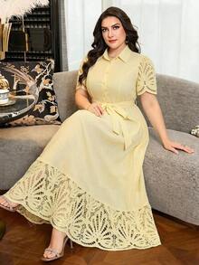 SHEIN Clasi Plus Size Women's Navy Blue Striped Lapel Short Sleeve A-Line Work Commute Dress - Pale Yellow - View 8