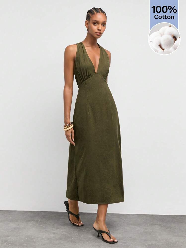 SHEIN Maija Army Green Women's Long Dress With Twisted Back Design