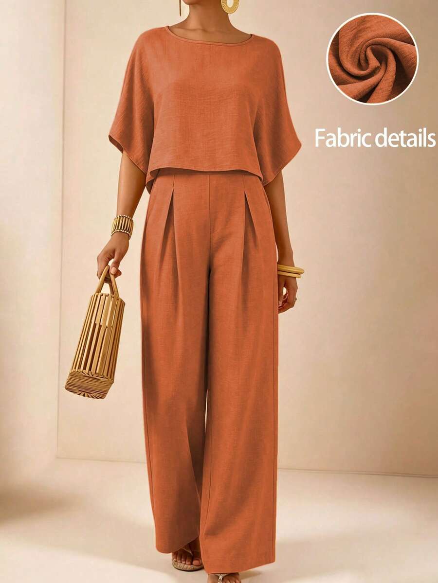 SHEIN Veneréa Set Celana Panjang Wanita Musim Panas Warna Polos Longgar dengan Kaki Lebar - Burnt Orange - View 1