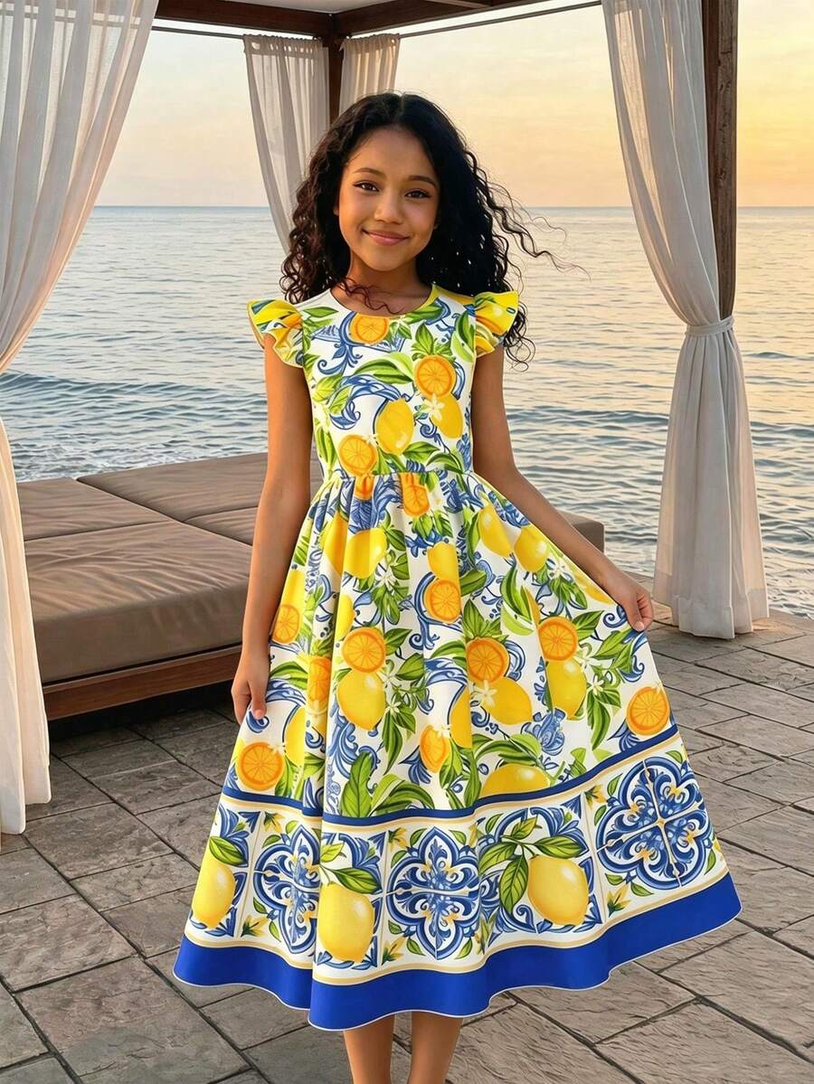SHEIN Tween Girl Lemon Print Round Neck Casual Vacation Cap Sleeve Dress - Multicolor - View 1