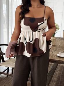 Weeklong Plus Size Women's Spring/Summer Spaghetti Strap Spaghetti Strap Top With Waist Cinched And Ruffle Hem, Matching Color-Block Casual Vacation Set - Multicolor - View 4