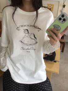 DAZY Women's Round Neck Cartoon Print Long Sleeve 2 In 1 Korean Style Long Sleeve Spring/Summer T-Shirt Graphic Tees Cute Tops Oversized T Shirts For Women - White - View 6