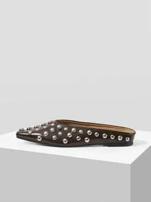 Mnmlis Zapatos de moda para mujer con punta cuadrada pequeña, remaches y diseño calado - Marrón - Ver 2