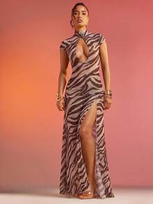 Hauture Abstract Floral Animal Print Lace Mesh Dress - Multicolor - View 4
