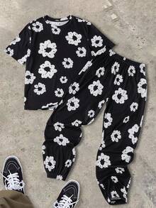 SHEIN 青少年男孩 2件/套休閒花卉印花套裝，黑色T恤配白色花卉圖案與配套長褲，適合春、夏、秋季日常穿著、旅行、輕量運動 - 黑與白 - 查看 3