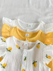 SHEIN Vintaside Kids 女嬰 6件/3套田園休閒風檸檬波點圖案荷葉邊飛袖圓領上衣與配套印花短褲多件套裝，適合日常穿著、外出與度假 - 彩色 - 查看 4