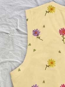 Franclia 女款彩色刺繡花卉圓領休閒日常百搭無袖背心上衣 - 淡黃色 - 查看 5