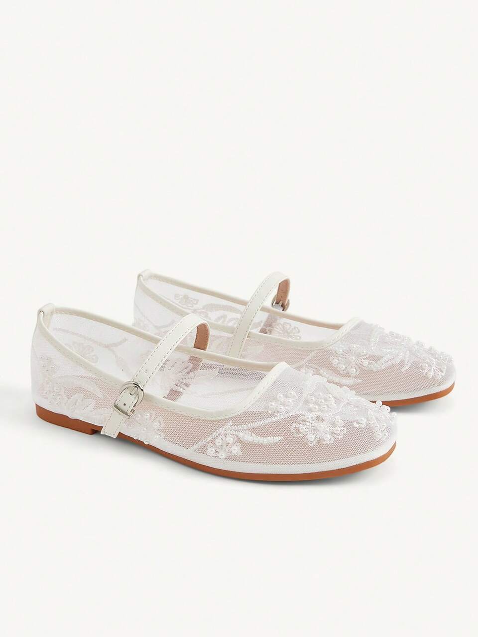CUCCOO CHICEST New Round Toe Flat Bottom White Mesh Yarn Embroidery Sewn Beads Women's Flat Bottom Shoes Fashionable, Elegant, Comfortable And Gorgeous Wedding