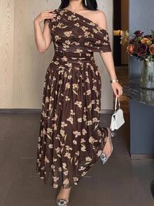 Feyla Plus Size Women's Floral Print Asymmetrical Shoulder Elegant Dress - Multicolor - View 7