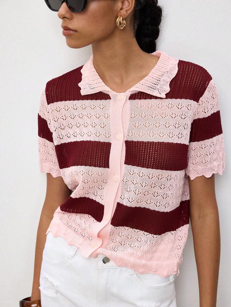 SHEIN Maija Women's Striped Short Sleeve Single Breasted Casual Knit Cardigan,Going Out Outfits,Summer Holiday Outfits