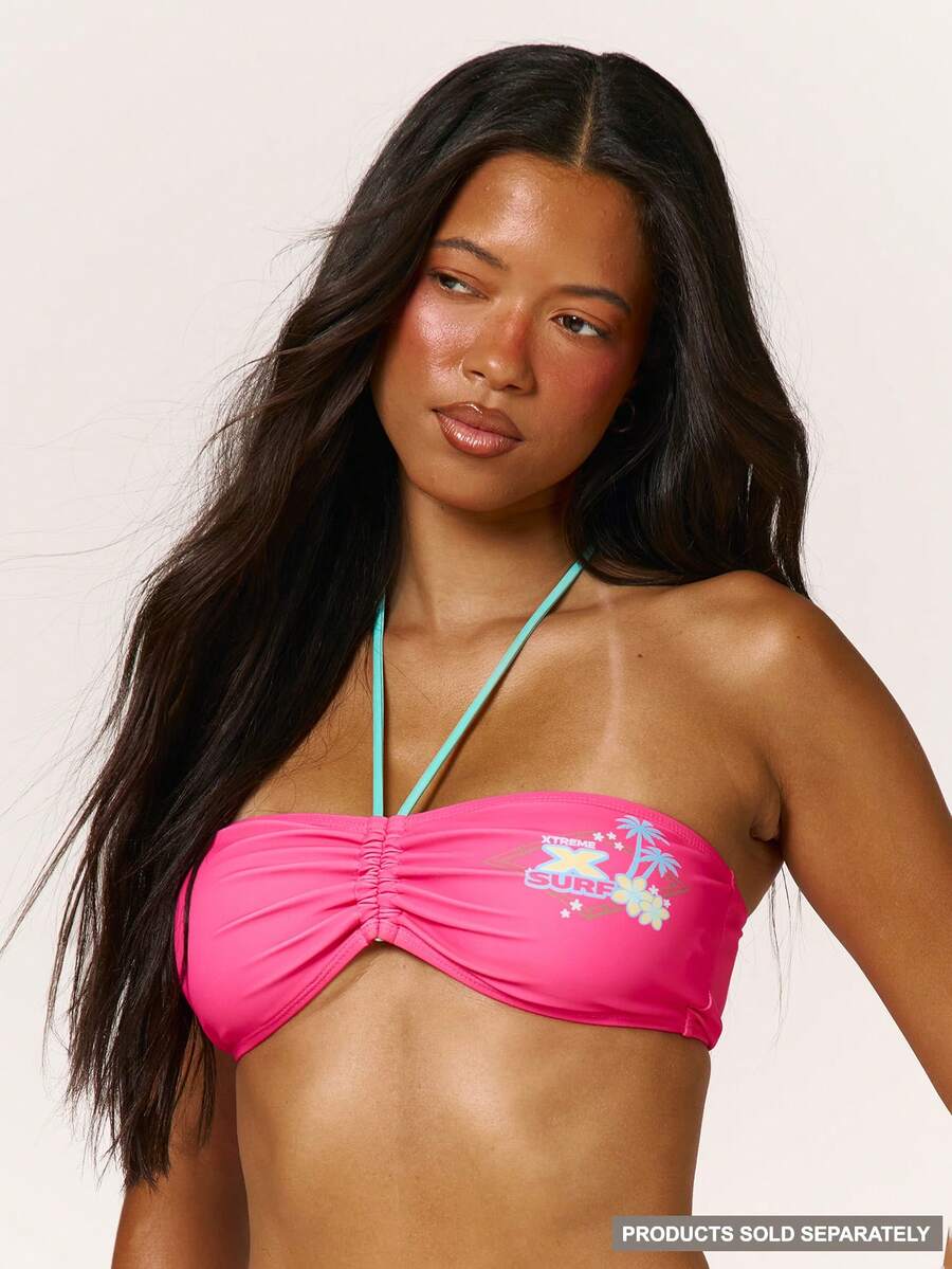 Musera Resort Graphic Print Ruched Bust Strappy Halterneck Bikini Top Summer Vacation Beach Swim Party Cute Tides Coral Pink Tropical - Multicolor - View 1