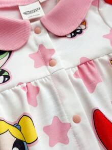 THE POWERPUFF GIRLS X SHEIN 女婴可爱卡通星星印花长袖连体衣，秋季款 - 白色 - 查看 4