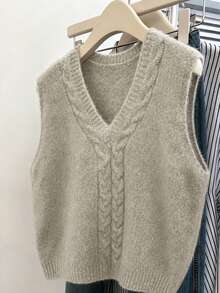 SHEIN Holidaya Plus-Size Women's Spring/Fall Casual Wear: Simple, Versatile, And Retro-Inspired. Solid-Color, Chunky-Knit Cable-Pattern V-Neck Loose-Fit Plus-Size Knit Vest-Perfect For Spring And Fall - Grey - View 4