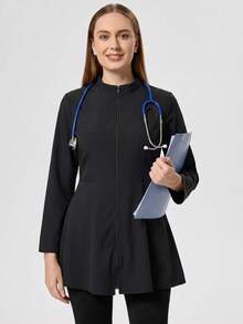 TaskEZ 1 pieza Chaqueta de uniforme de enfermería con cierre de cremallera y dobladillo acampanado de un solo color - Negro - Ver 3