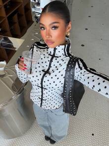 Muchica 波點中式盤扣對比緞帶夾克女款，秋季休閒、電音節、性感龐克搖滾風、優雅度假上衣，黑色，適合約會與夜生活 - 彩色 - 查看 6