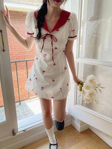 DAZY Women's Petal Sleeve Bow Decor Cherry Print Short Dress Sundress Summer Vacation - White - View 4