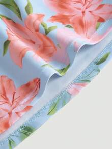 SHEIN MOD 女款夏季海灘掛脖前褶皺花卉粉色上衣側綁帶三角比基尼 2件組泳衣 - 藍色 - 查看 4