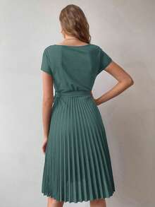 EMERY ROSE Pleated Hem Self Belted Dress - Dark Green - View 2