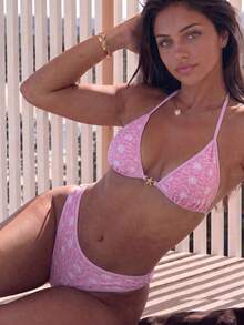 Swim Mod Women's Summer Beach Vacation Pink Floral Texture Halter-Neck Bikini Swimsuit Set,Starfish-Decorated Backless Swimsuit Two-Piece Outfit Tropical - Pink - View 1