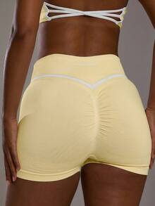 Musera Sport Contrast Colour Stripe High Waist Ruched Scrunch Bum Fitted Active Shorts Sport Workout Gym Cute Pilates Fitness Daily - Butter Yellow - View 1