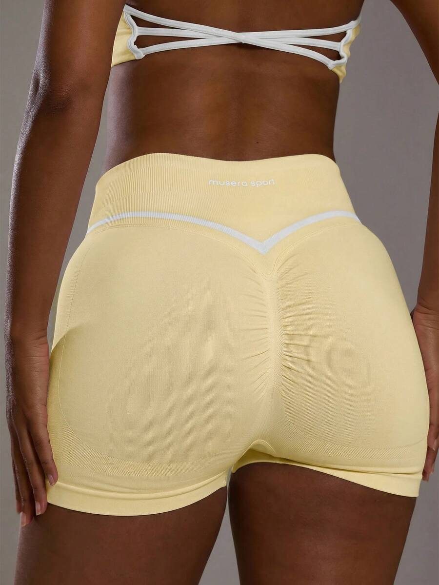 Musera Sport Contrast Colour Stripe High Waist Ruched Scrunch Bum Fitted Active Shorts Sport Workout Gym Cute Pilates Fitness Daily - Butter Yellow - View 1