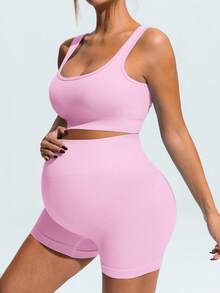 SHEIN Maternity Summer Solid Color Elastic Breathable Sports Bra And Shorts,Word Cup - Pink - View 7