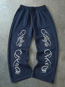 PAVTROS Pantalones de chándal casuales holgados con cintura de cordón y estampado de letras para hombre - Azul Marino - Ver 3