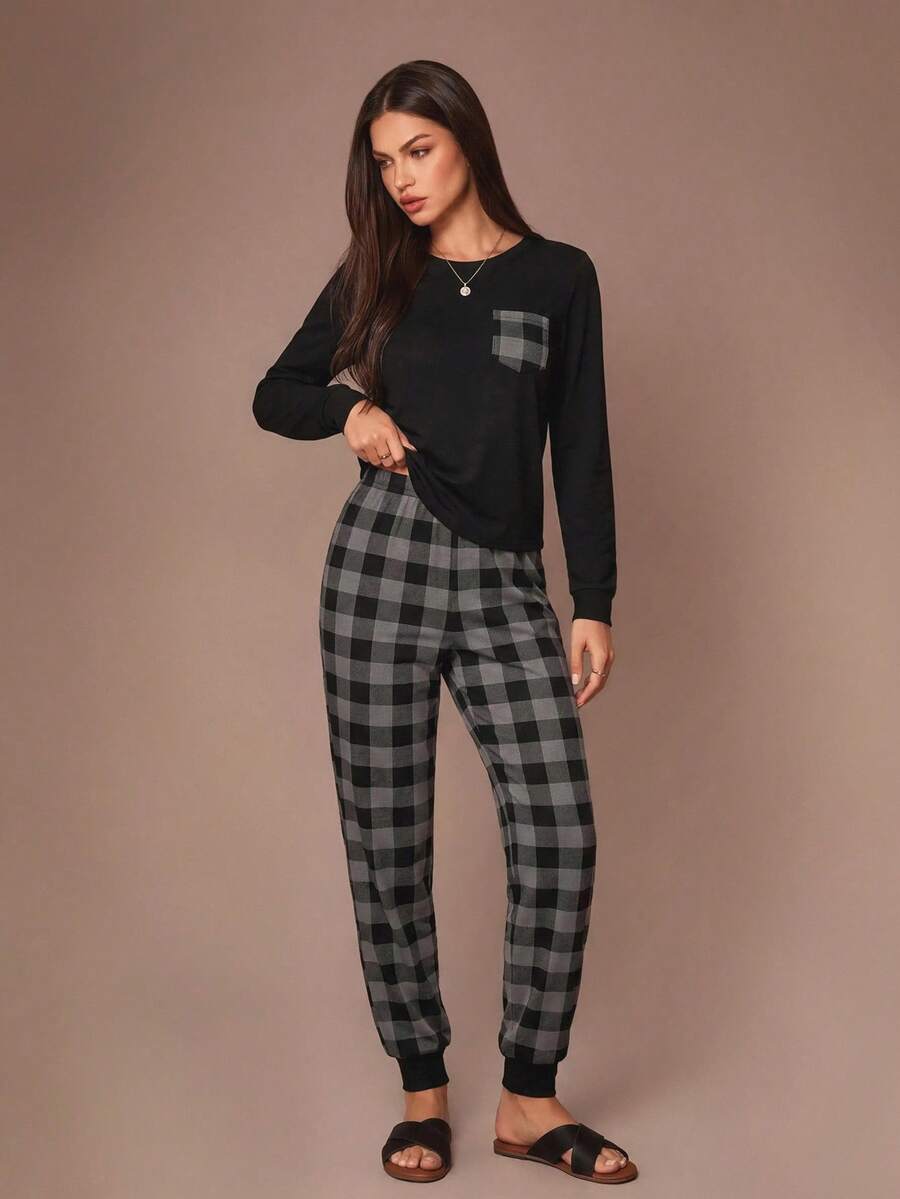Lazeform Bộ đồ ngủ dài tay họa tiết kẻ caro có túi cho nữ, trang phục thu đông - Màu xám đen - Xem 1