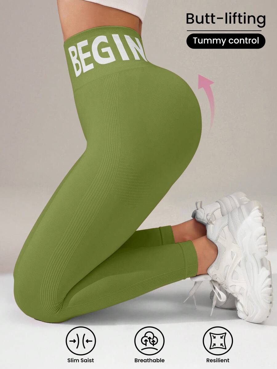 SHEIN Sports Sport Studio 女款高腰無縫修身緊身褲,彈性柔軟親膚、透氣四向彈力,適合跑步、騎行、瑜伽、匹克球、運動與休閒穿著 - 橄欖綠 - 查看 1