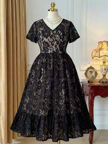 DreamSkyne Plus Size Elegant Lace Dress, Summer Maxi Women Outfit - Black - View 4