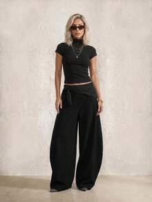 Sinnesro Pantaloni casual grigi per l'estate, a pois neri e bianchi, eleganti, da ufficio, sofisticati, ispirati al vintage, con un'atmosfera rilassata da vacanza, alla moda e chic, per donne di piccola statura - Grigio - Visualizzare 7