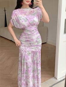 Modelyn 粉色薄紗花卉印花夏季百褶優雅高雅時尚女款長洋裝，適合外出與晚宴派對 - 紫色 - 查看 5