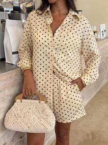 SHEIN EZwear 女士黄色波点长袖衬衫和短裤两件套 - 黃色 - 查看 7