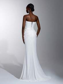 Elitara Elegant White Luxurious Satin Chiffon Hand-Embroidered Applique Strapless 2 In 1 Mermaid Floor-Length Evening Gown For Wedding Spring - White - View 4