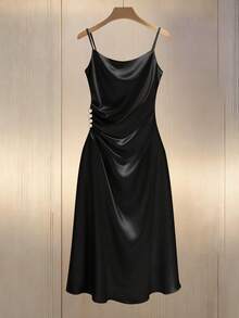 SHEIN PariChic 女士优雅修身褶皱垂褶领长裙 - 黑色 - 查看 4