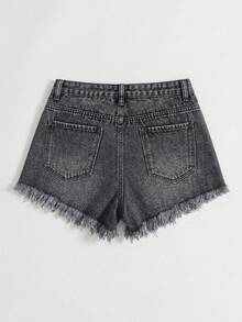 SHEIN EZwear 女款時尚毛邊破洞口袋鈕扣牛仔短褲，深灰色，適合城市度假、夜晚、夏季街頭風、休閒日常外出 - 灰色 - 查看 2