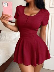 DUSKBASE Casual Comfortable Button Ribbed Ruffle Hem Women's Loungewear Dress - Burgundy - View 6