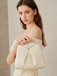 MOTF TAS TANGAN WANITA MODIS, GAGANG TANGAN LOGAM MEWAH, WARNA BEIGE ELEGAN, BENTUK SEDERHANA DAN SERBAGUNA, COCOK UNTUK KEHIDUPAN SEHARI-HARI, PERJALANAN, BELANJA, KENCAN - Krem - View 7