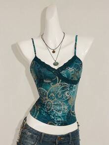 SHEIN ICON 女款貼身蕾絲拼接印花細肩帶背心 - 藍色 - 查看 5