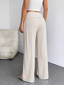SHEIN PETITE Women Casual Solid Low Wasit Wide Leg Pants Vacation White Autumn,Petite Women Vacation Vacation Beach Vacation Vacation - Apricot - View 2