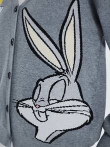 LOONEY TUNES X SHEIN Women Grey Casual Rabbit Cartoon & Letter Pattern Jacquard Dropped Shoulder Loose V-Neck Button Up Cardigan Cute Sweater Cardigan Fall Sweaters Ugly Christmas Sweater - Dark Grey - View 7