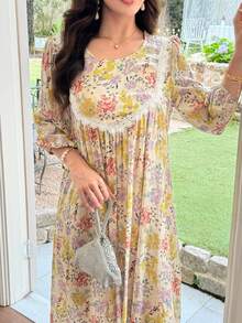 Al Najma Gaun Flare Patchwork Leher Bulat Bermotif untuk Wanita - MultiWarna - View 2