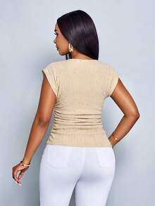 SOLERSUN Sexy And Elegant Women's Commuter Casual T-Shirt, Fitted Waist, Stylish Top, Spring/Summer Vintage Style, Khaki Textured Fabric. Brunch - Apricot - View 3