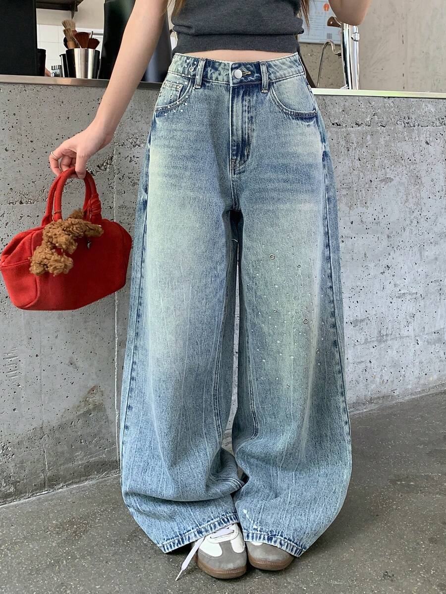 DAZY Celana Jeans Wanita Model Lurus Longgar dengan Hiasan Rhinestone dan Payet, Atasan Lucu untuk Sehari-hari, Jalan-jalan, Warna Biru Muda, Streetwear Kasual Musim Panas - Light Wash - View 1